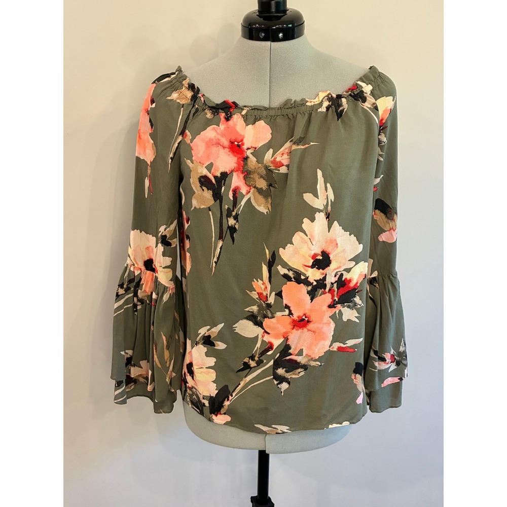 White House Black Market Olive Floral Off-The-Shoulder Bell Sleeve Blouse Small